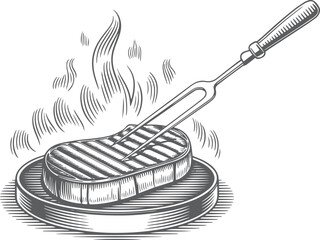 Hand drawn steak grilling in vintage rough woodcut engraving linocut style, rustic black and white vector food illustration