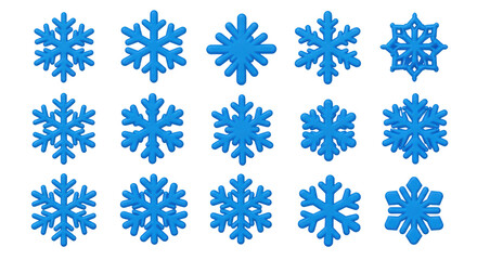 Collection of various blue snowflake shapes on transparent background
