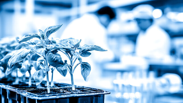 Young plants growing in laboratory trays with scientists in background