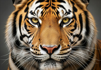 Naklejka premium Intense close-up portrait of a majestic tiger, showcasing its powerful striped fur and piercing golden eyes. A captivating wild strength and natural beauty