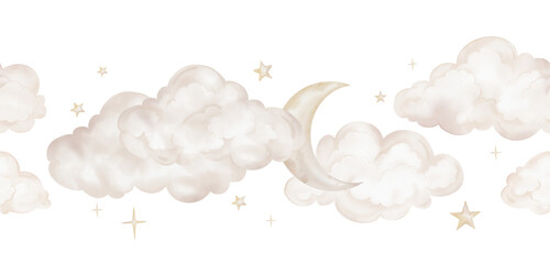 Horizon seamless border with hand drawn watercolor illustration of the moon with stars and clouds for nursery wall art in light pastel beige yellow colour. Sky for dreamy atmosphere for kids design.