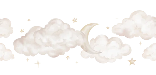 Fotobehang Naadloze wolken Horizon seamless border with hand drawn watercolor illustration of the moon with stars and clouds for nursery wall art in light pastel beige yellow colour. Sky for dreamy atmosphere for kids design.  © Ekatmart