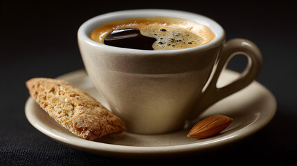 Studio style photo of a porcelain espresso cup with almond biscotti