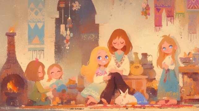 Warm homely scene with a mother and four daughters