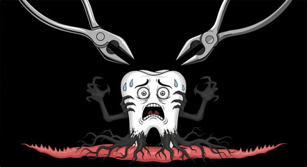 Vector illustration of a tooth in pain, represented by scary tooth being extracted with forceps, isolated on black. Vector illustration of a tooth expresses dental fear and root canal discomfort,