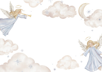 Horizontal Banner watercolor illustration with angel with nimbus. Postcard for Christmas or Christian Nativity for religious baptism. Hand drawn illustration clouds and birds, stars, snowflakes
