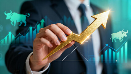 Businessman Holding Golden Lightning Bolt Arrow Indicating Bull Market Growth, Success, and Financial Stock Exchange