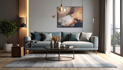 A modern living room showcases a plush sofa, coffee table, and large painting. Natural light streams in, illuminating the cozy, well-lit space