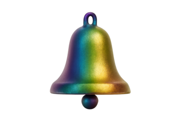 Colorful Bell: A close-up shot of a beautifully crafted bell with a metallic finish, displaying a vibrant array of colors. The bell's detailed design and shiny texture catch the light.