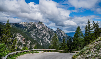 a curving mountain road bordered by a wooden guardrail, leading towards rugged, majestic peaks under a partly cloudy sky. Alpine trees frame the scene on either side