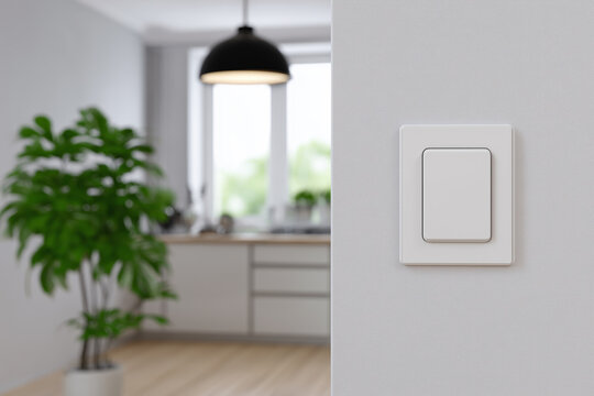 Modern white smart light switch on a wall with a blurred contemporary home interior in the background