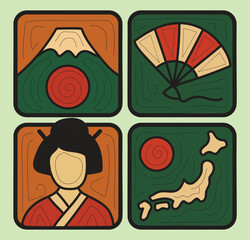 stylized Japanese icons – fuji mountain, geisha figure, folding fan, and Japan map – ideal for travel content, educational materials, and editorial design