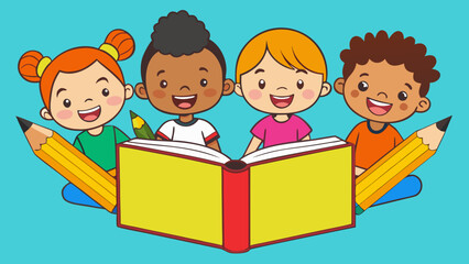 Cheerful Kids on Pencil Cartoon Vector Art Illustration