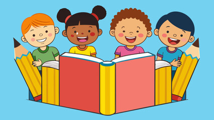 Cheerful Kids on Pencil Cartoon Vector Art Illustration