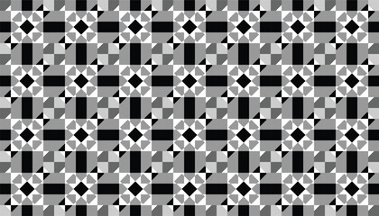 Seamless geometric black and white pattern with gray tones forming a symmetric star-like design. Perfect for wallpapers, textiles, packaging, and modern backgrounds
