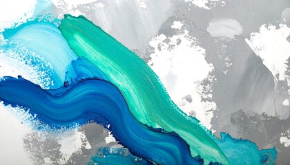 Abstract brush strokes in teal and blue hues contrasted with greys and white background