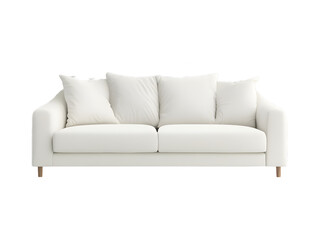Modern cream colored sofa with plush white cushions isolated on transparent background