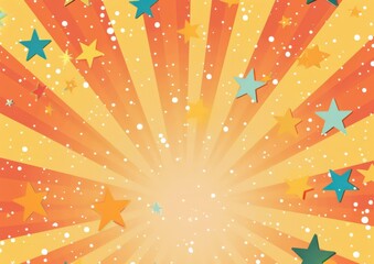 Bright starburst pattern features colorful stars and confetti on a sunny orange background, creating a festive atmosphere ideal for celebration or party themes.