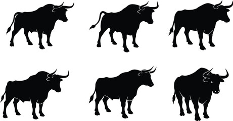 Bull silhouettes, walking poses, standing stances, horn variation, muscular anatomy, black design, livestock vector, animal set, nature icon