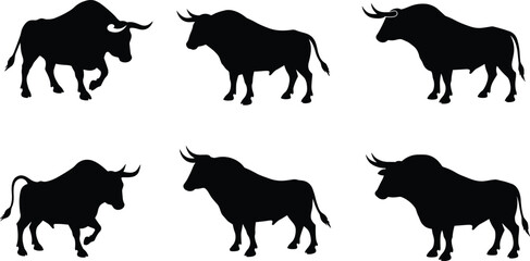 Bull silhouettes, walking poses, standing stances, horn variation, muscular anatomy, black design, livestock vector, animal set walking poses, standing stances, horn variation, muscular anatomy, 