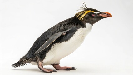 Macaroni Penguin with distinctive yellow crest and black-and-white plumage standing on a clean white studio background, sharp focus, and professional studio lighting