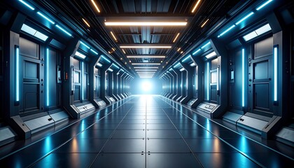 Naklejka premium Futuristic Corridor with Bright Lights and Metallic Design