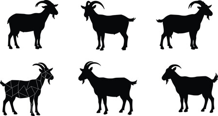 Goat silhouettes, posture variation, horn shapes, geometric pattern, black design, livestock vector, animal set, nature icon, stylized anatomy