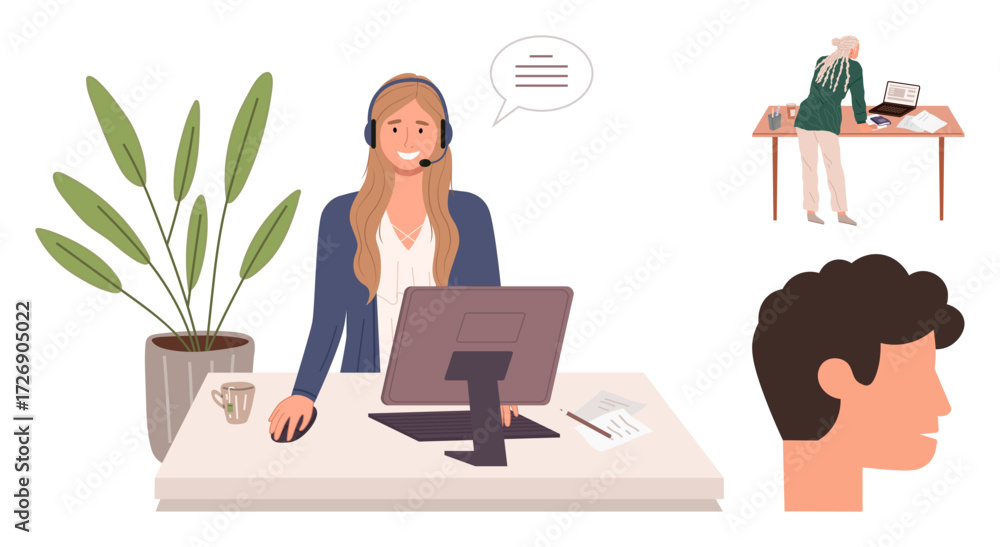 Poster office desk with support agent at computer, coworker multitasking at another desk, and a listener pr
