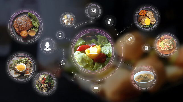 Digital visualization of food items connected in a network, highlighting various meals and ingredients with interactive icons. - Powered by Adobe