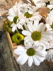 Close-up vertical arrangement of white daisy flowers and green grapes with an apple in a rustic wooden crate, ideal for themes of spring, freshness, health, gifts, and natural beauty
