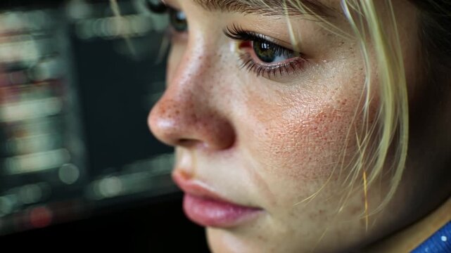 Serene Contemplation: Close-up shot of a woman's face, highlighting her focused gaze, freckled complexion, and natural beauty, reflecting a moment of quiet contemplation, surrounded by soft lighting.