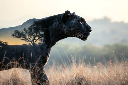 Leopard black, double exposure photo of wildlife on AI Generated