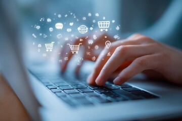 Close-up of hands typing on laptop, digital icons