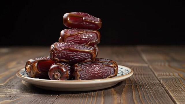 A delightful arrangement of sweet, ripe dates stacked on a charming ceramic plate, presented on a warm wooden surface against a dark backdrop, emphasizing their wholesome and delicious appeal
