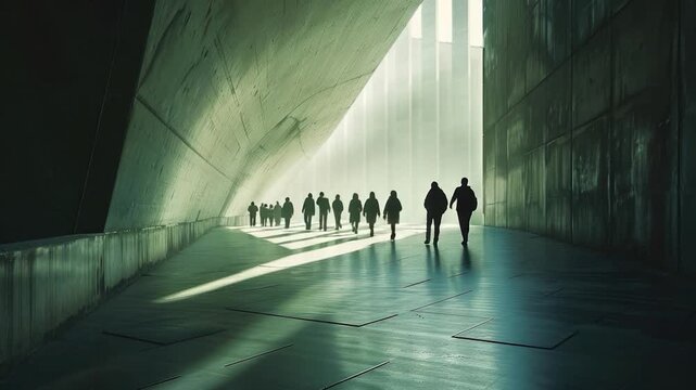 Group of people entering office building during working hours