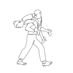 One continuous single drawing line art flat doodle shoulder, man, woman, fun, girlfriend, boyfriend, carrying. Isolated image hand draw contour on a white background, hand drawn, not AI