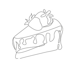 One continuous single drawing line art flat doodle strawberry, cake, piece, delicious, berry, dessert, sweet, slice. Isolated image hand draw contour on a white background, hand drawn, not AI