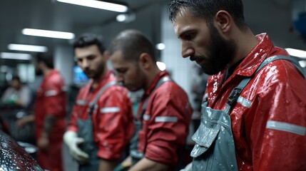 Obraz premium Tire technician testing tools in realistic workshop diverse mechanic crew industrial environment close-up view