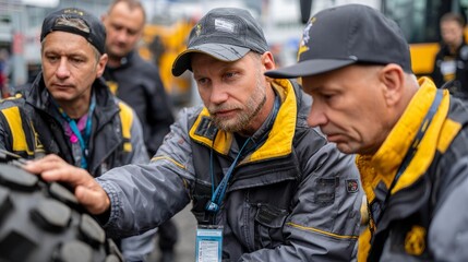 Fototapeta premium Tire technician team testing tools for spare tires in industrial setting mechanic expertise gigapixel preparation