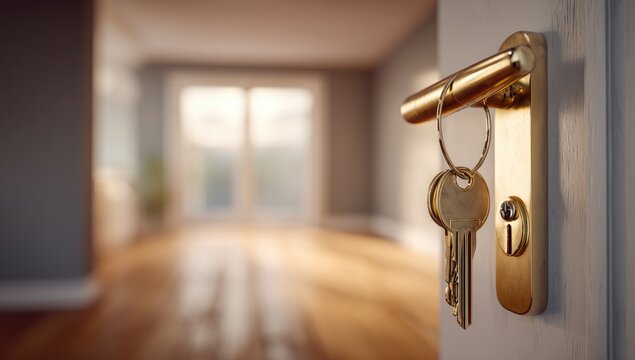 Keys hanging on a door handle, interior view - Powered by Adobe
