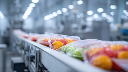 Fruit in plastic bags on a conveyor belt in a food processing factory