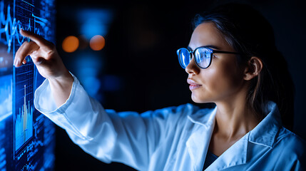 Scientist analyzing data on a digital display in a laboratory setting