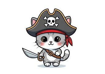 Cute cartoon cat wearing pirate hat and holding sword kitten skull