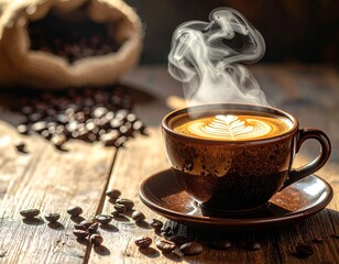 Brązowa filiżanka z gorącym cappuccino na drewnianych deskach, w tle jutowy worek z kawą © Monika
