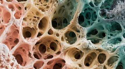 Colorful close-up of a textured surface with varying patterns and hues resembling organic structures in a natural setting