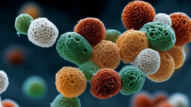 Colorful microscopic particles showing diverse shapes and structures in a scientific laboratory setting