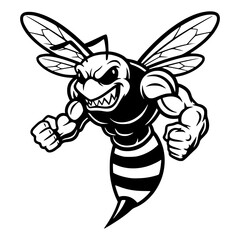 Muscular aggressive wasp or hornet mascot, insect, strong, angry, team mascot, aggressive