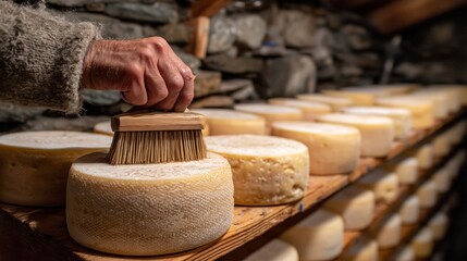 Cheese maker brushing wheels of cheese in a cozy cellar on a rustic wooden shelf