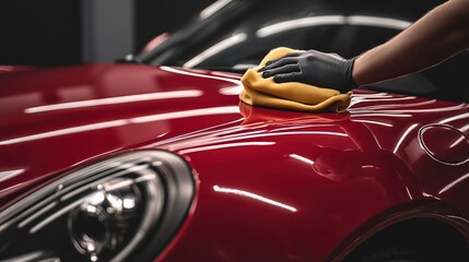 Worker polishing a red sports car in a modern detailing shop during evening hours