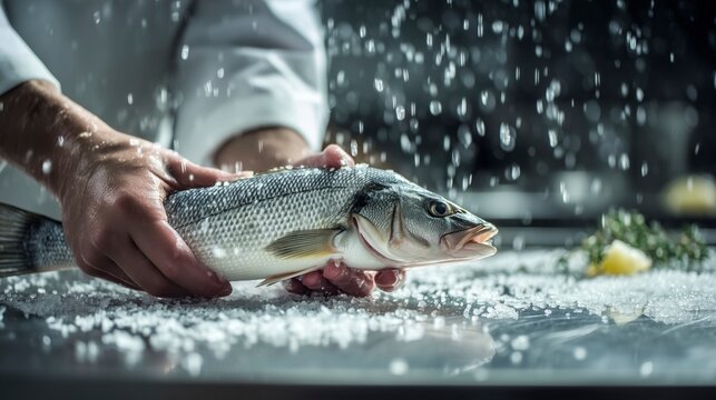 Fresh fish preparation in a modern kitchen with a chef skillfully handling the catch during a cooking session